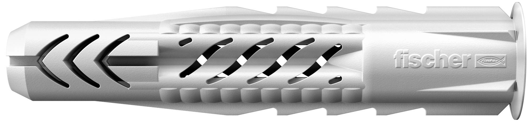 Cheville en plastique à structure circulaire et fentes latérales, portant l'inscription 'fischer' sur un côté.