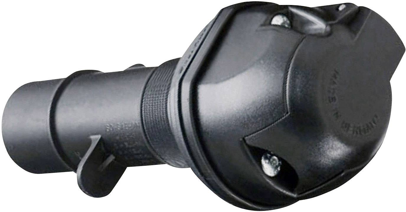 Une fiche noire cylindrique à plusieurs broches, utilisée pour les connexions électriques dans les véhicules.