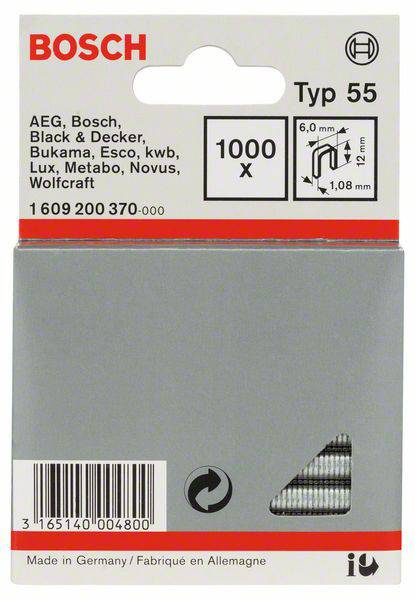 Boîte de 1000 clous Bosch type 55. Compatible avec des marques telles que AEG, Black & Decker, Metabo. Fabriqué en Allemagne.