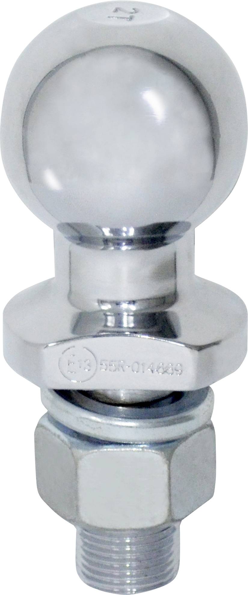 Une boule d'attelage brillante, métallique, filetée avec son écrou, typiquement utilisée pour les systèmes d'attelage de remorques sur les véhicules.