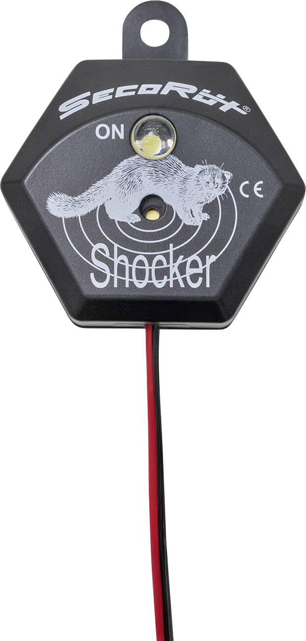 Un dispositif hexagonal portant l'inscription 'Shocker', montrant un animal sur une cible. En haut, il est inscrit 'SecoRüt', en bas se trouvent des câbles rouges et noirs.