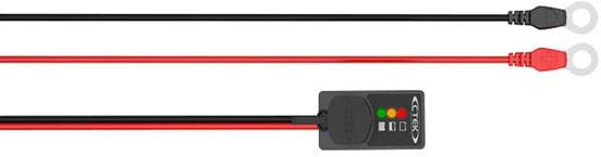 Câble de connexion de batterie 'CE-LD' avec deux câbles, rouge et noir, et une unité d'affichage équipée de LED vertes, jaunes et rouges.