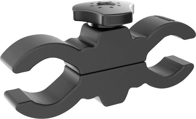 Collier de serrage noir avec deux bras semi-circulaires et un dispositif de verrouillage central par vis, accessoire typique pour le montage ou la fixation.