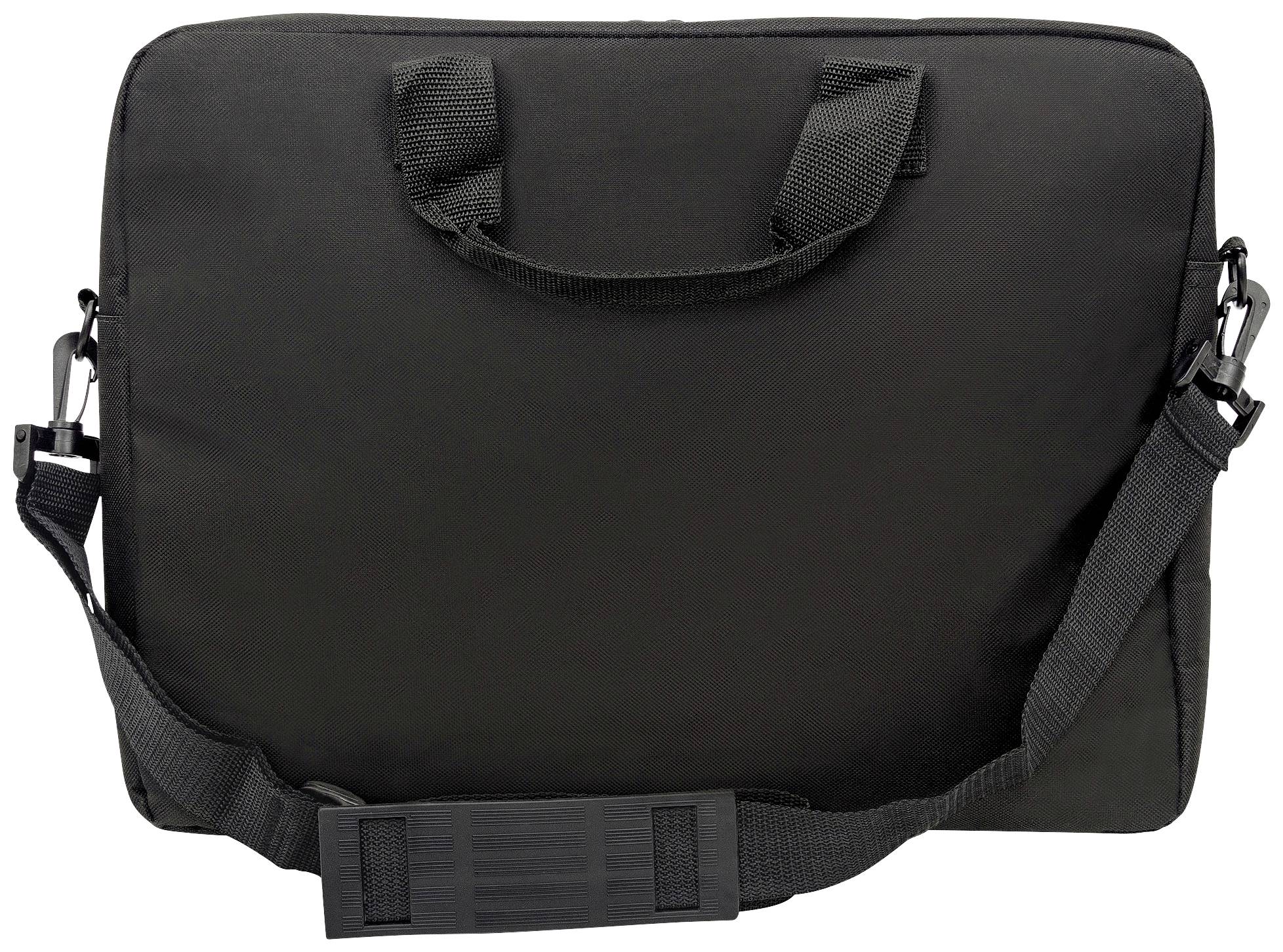 Un sac pour ordinateur portable noir simple, avec une poignée de transport et une bandoulière, photographié sur un fond neutre.