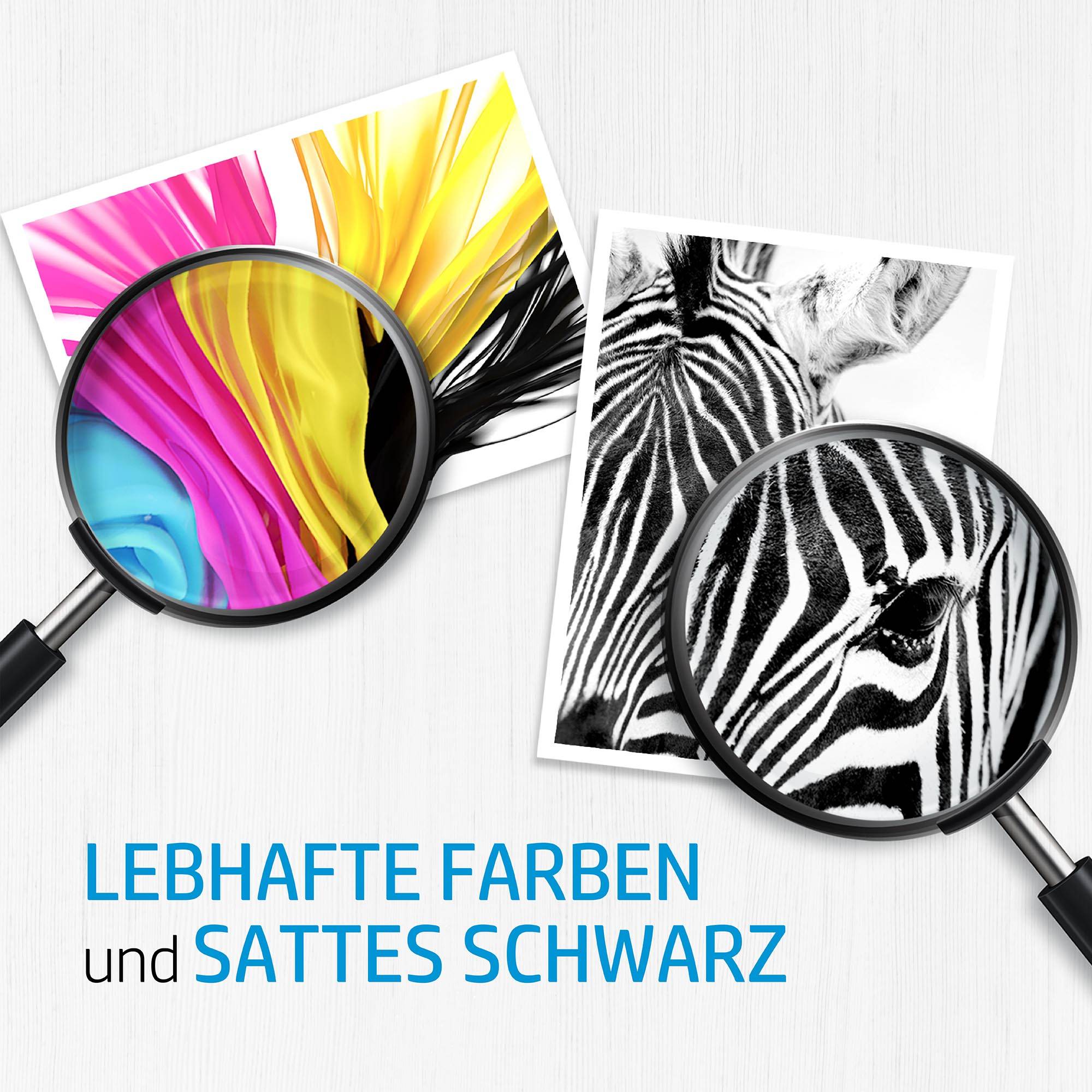 Loupe montrant des couleurs vives à gauche, un motif zébré à droite. Texte : 'COULEURS VIVES et NOIR PROFOND'.