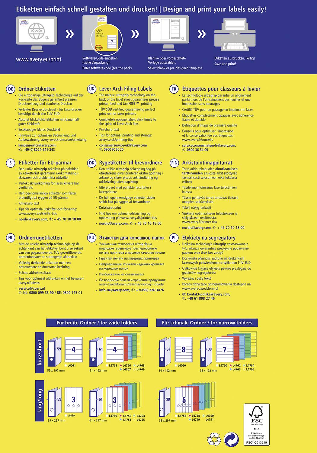 Un poster avec des instructions pour la conception et l'impression d'étiquettes, comprenant un guide textuel étape par étape et des exemples de couleurs.