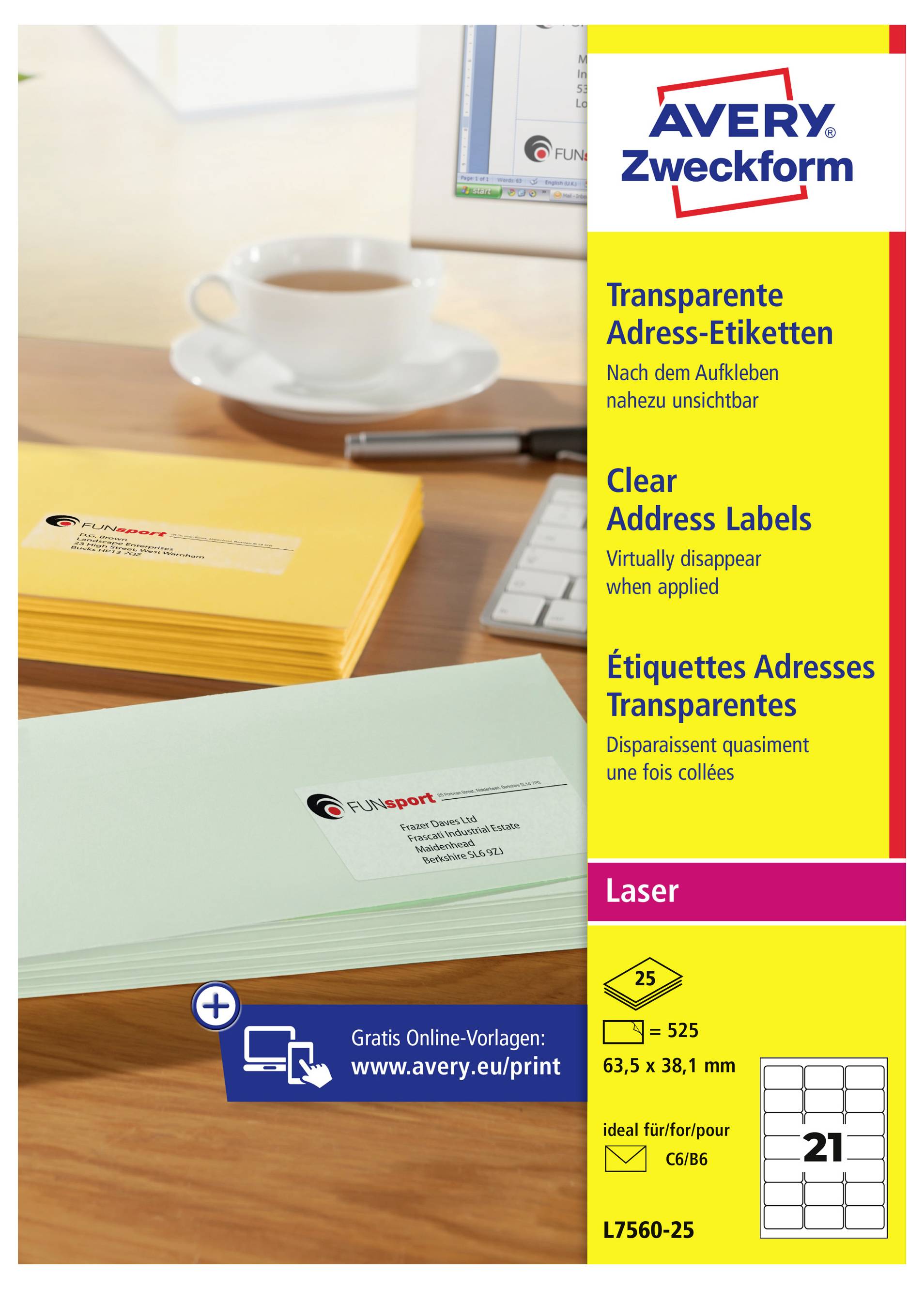 Étiquettes d'adresse transparentes Avery Zweckform, paquet avec étiquettes échantillon et détails du produit, présentés en plusieurs langues avec « Laser » et 25 feuilles.