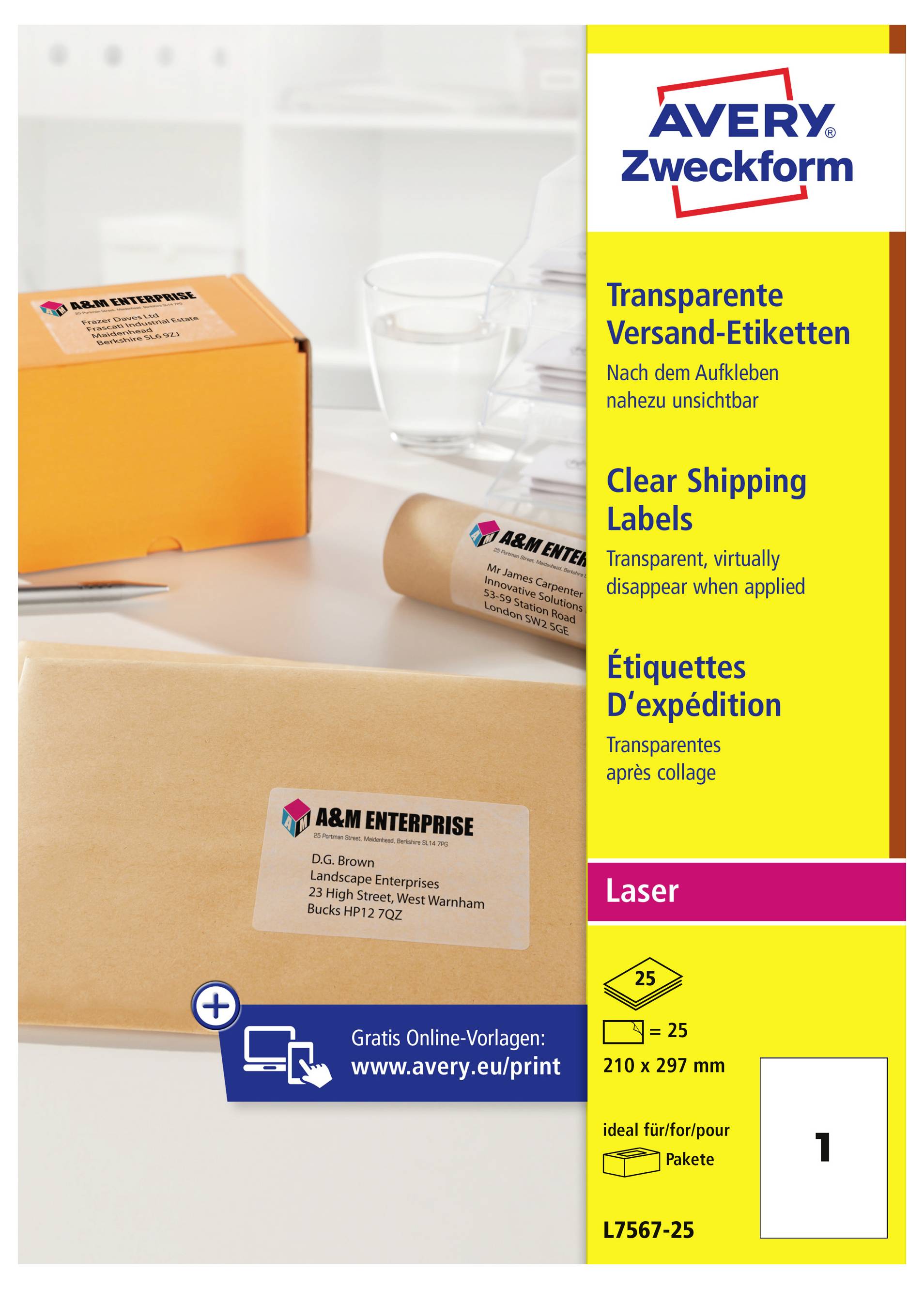 Étiquettes d'expédition transparentes Avery Zweckform avec affichage d'emballage, boîtes et un rouleau d'étiquettes, promouvant des étiquettes laser transparentes qui disparaissent une fois appliquées.