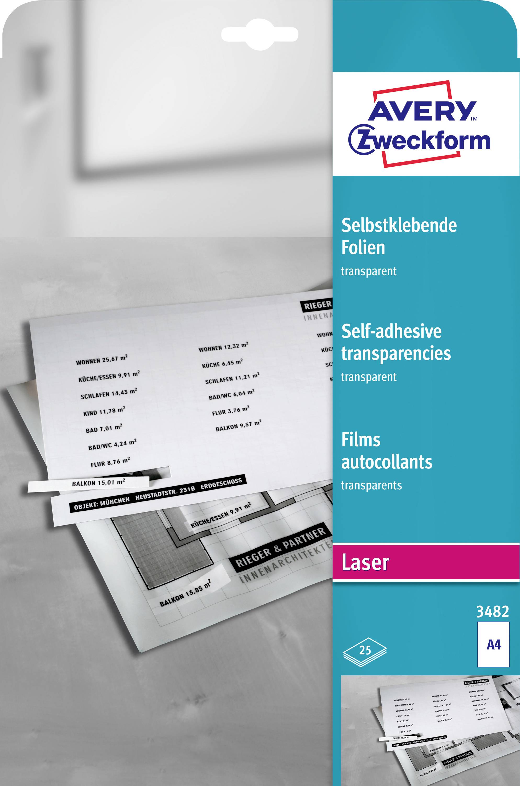 Paquet de film laser transparent autocollant Avery Zweckform, avec feuilles d'échantillon affichées à l'avant et étiquette de format A4 3482.