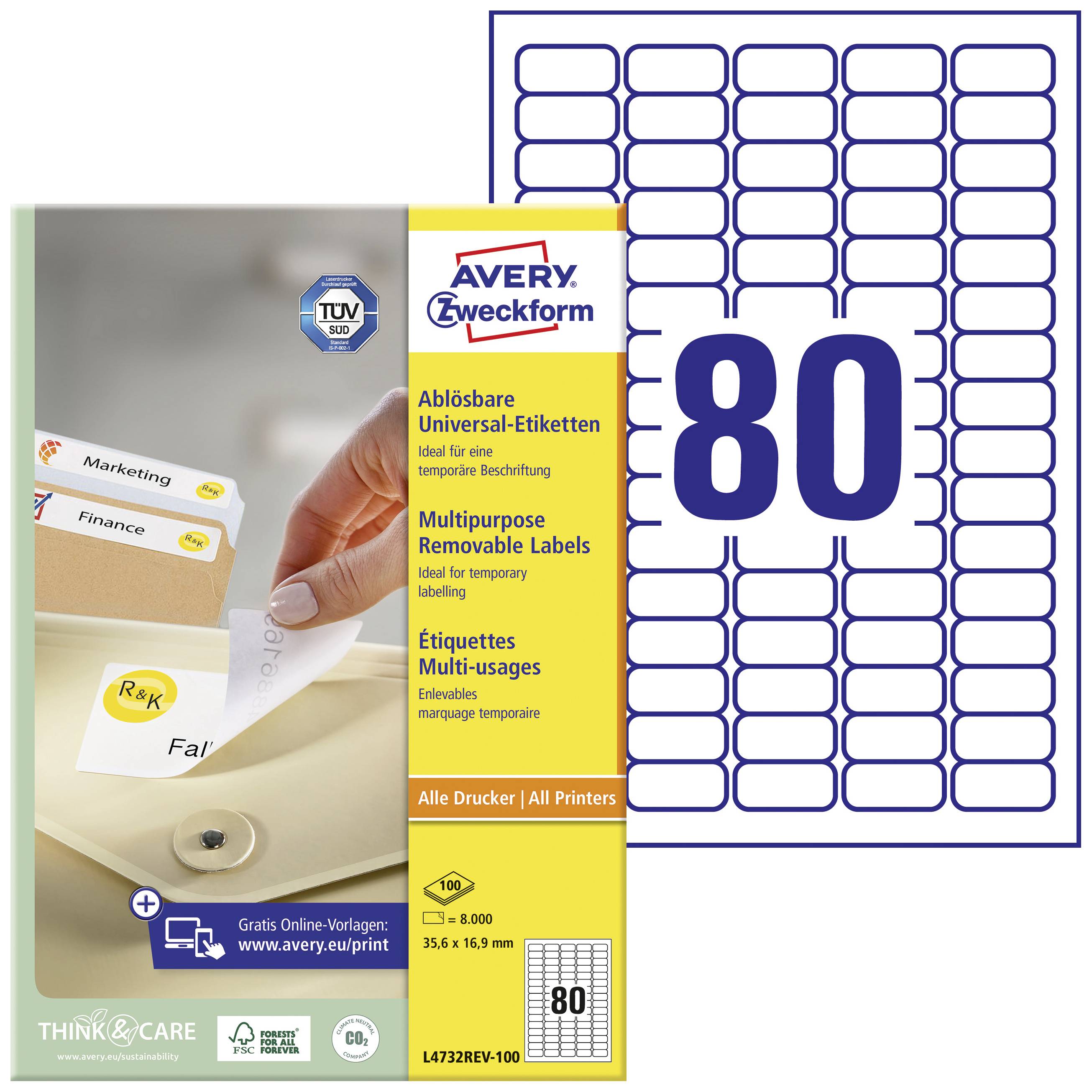 Étiquettes de la marque Avery Zweckform, adaptées à tous les types d'imprimantes, amovibles, 80 étiquettes par feuille. Idéales pour tous types de marquages.