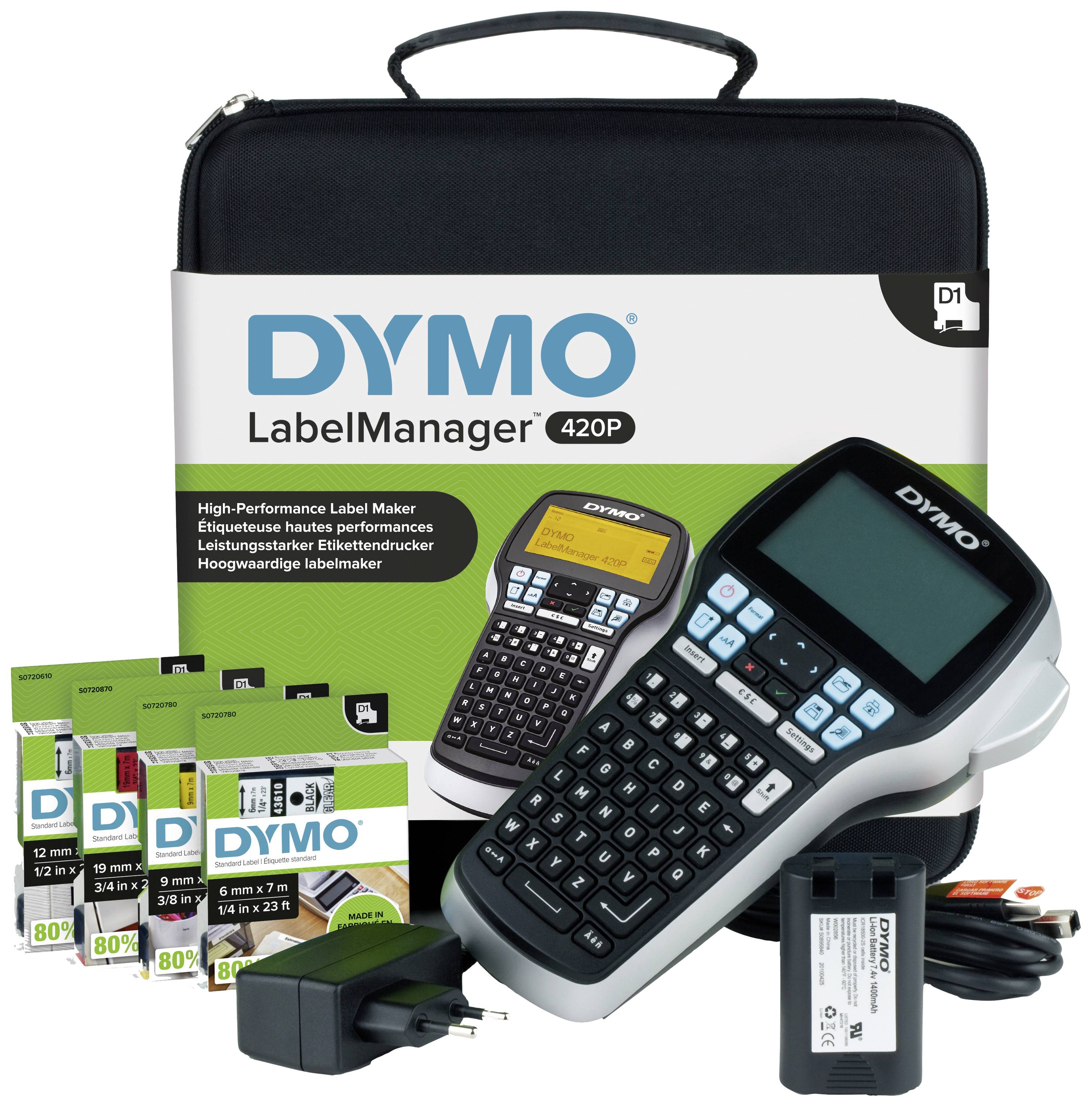 Ensemble d'étiqueteuse DYMO LabelManager 420P avec sacoche de transport, adaptateur secteur et quatre rouleaux d'étiquettes. Idéal pour l'étiquetage professionnel.