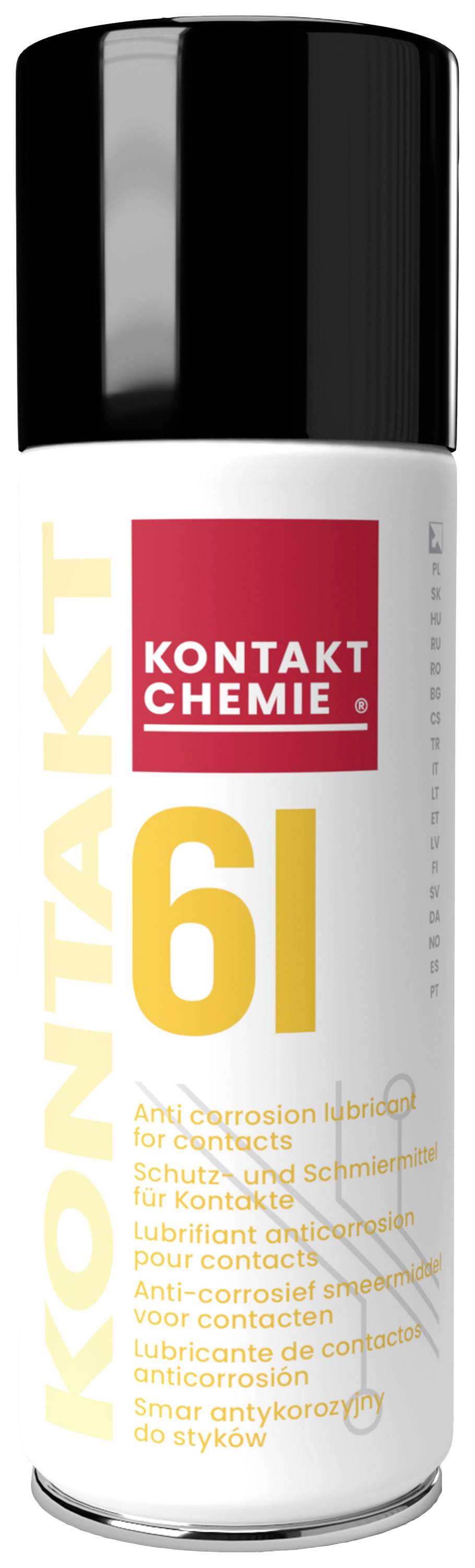 Dose d'un spray de contact 'KONTAKT 61' de Kontakt Chemie, qui sert de lubrifiant et de produit de protection pour les contacts.