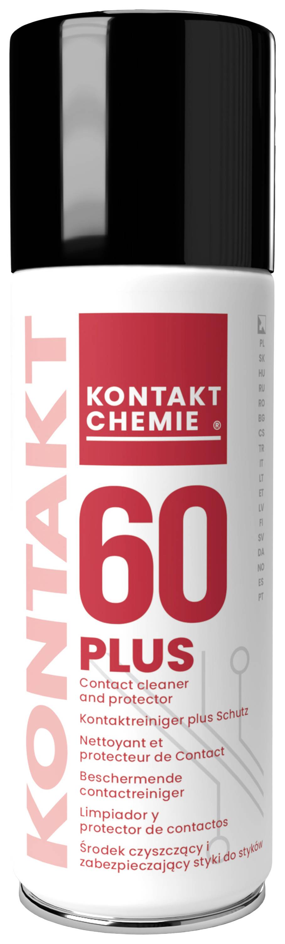 Bombe aérosol portant l'inscription « Kontakt Chemie 60 Plus », un nettoyant et protecteur de contacts.