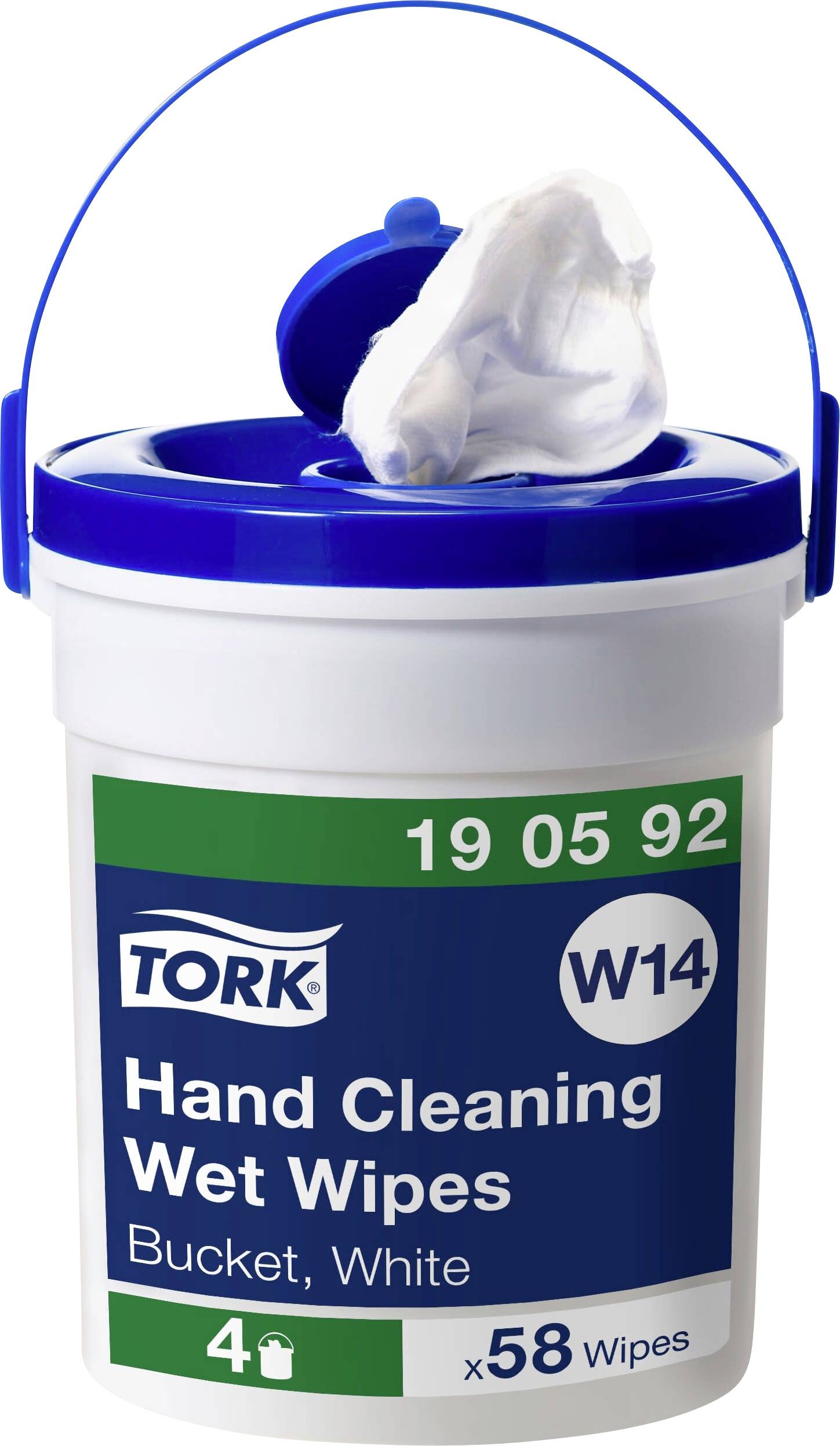 Seau en plastique portant l'inscription « Tork Hand Cleaning Wet Wipes ». Contient 58 lingettes humides blanches pour le nettoyage des mains.
