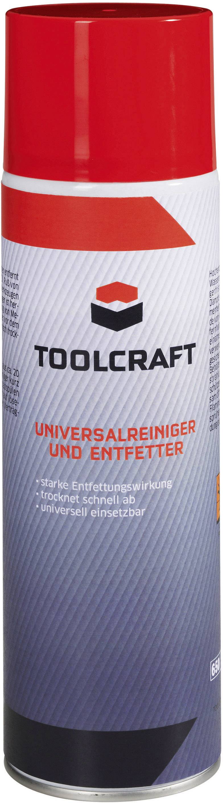 Bombe aérosol rouge et blanche portant l'inscription 'Toolcraft Nettoyant et dégraissant universel'. Convient pour un nettoyage et un dégraissage rapides.