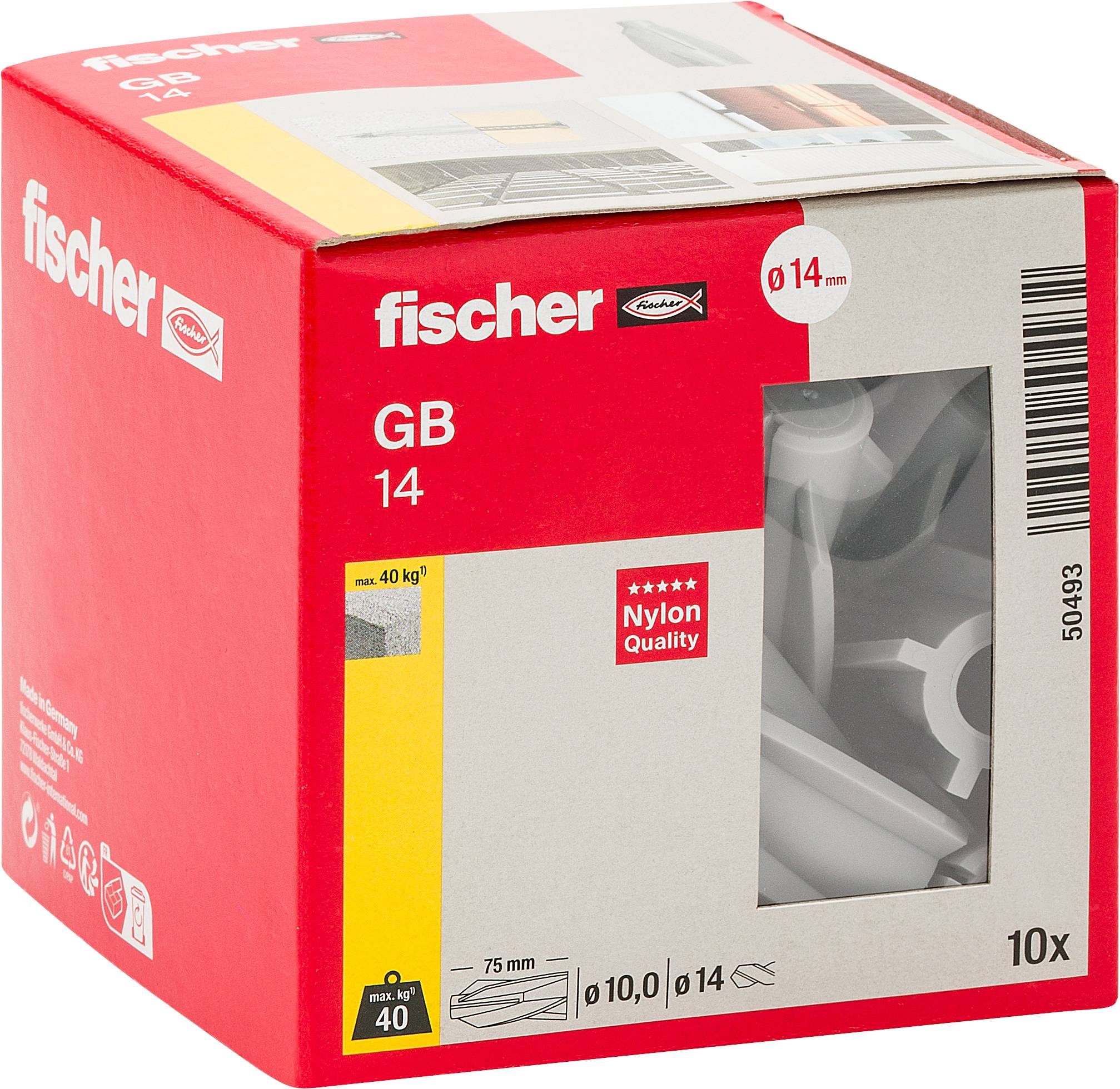 Boîte d'ancrage en nylon Fischer GB 14 rouge avec étiquette '10x' et 'max 40 kg', avec une fenêtre affichant des chevilles murales en plastique et un diamètre de perçage de 14 mm.