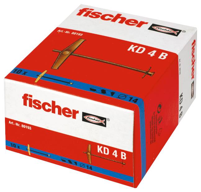 Fischer KD 4 B boîte de 10 chevilles murales en métal, emballage rouge et blanc avec image du produit et marquage 'Ø14'.