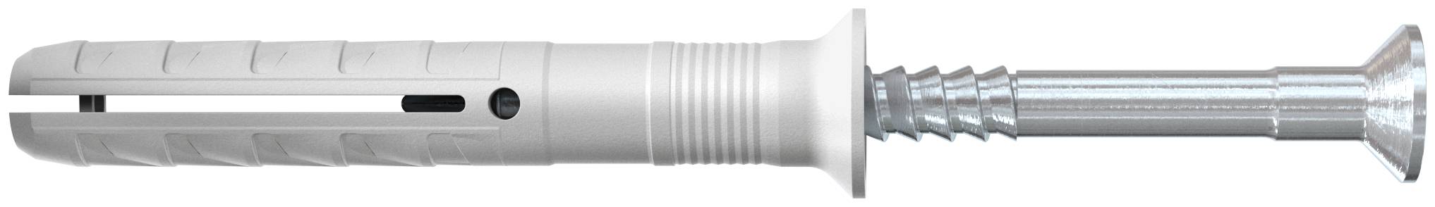 Une ancre murale en placoplâtre argentée avec une vis partiellement insérée, présentée sur fond blanc.