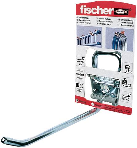 Kit de crochets muraux universels Fischer dans son emballage avec un crochet métallique coudé et la quincaillerie de montage.