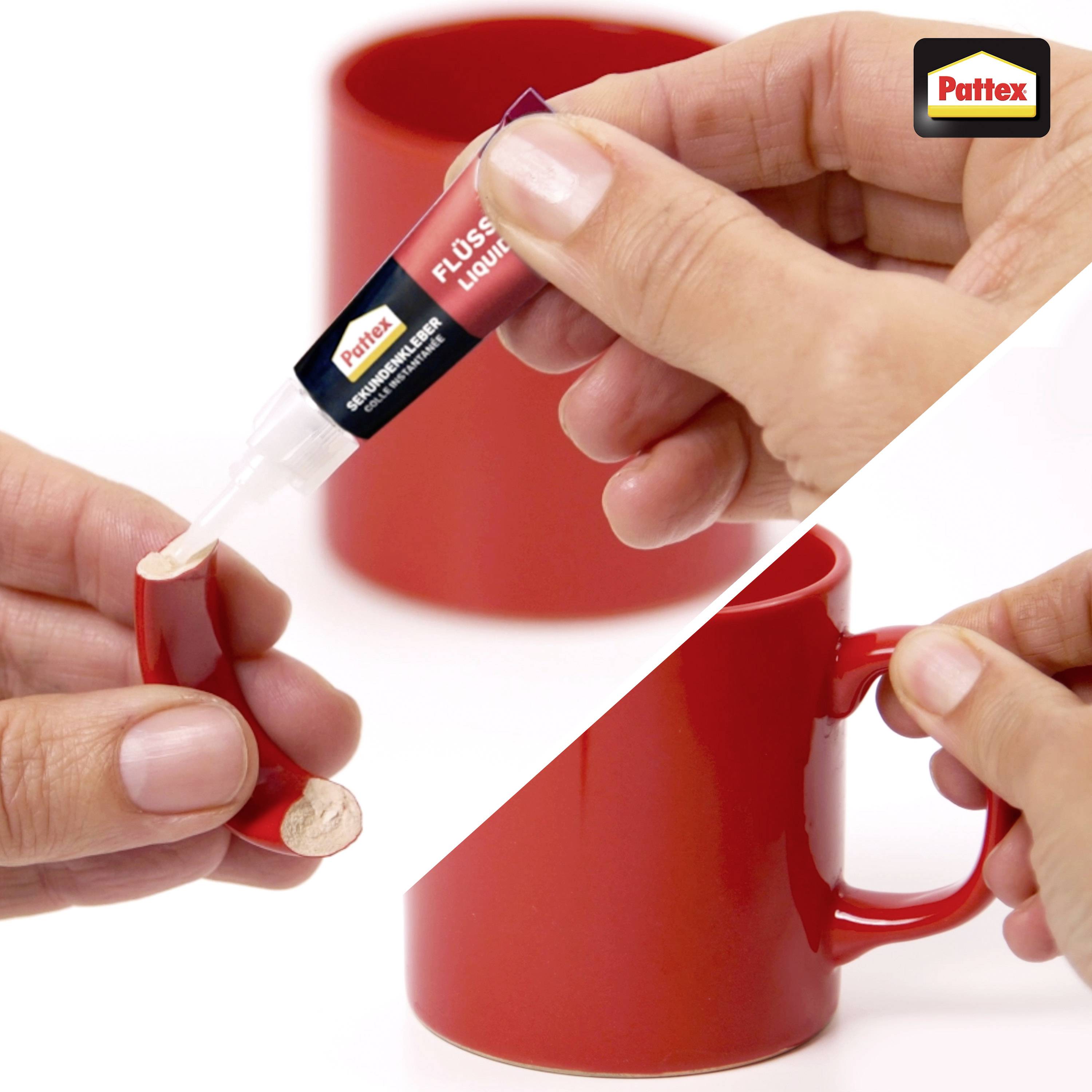 Deux mains appliquant de la colle liquide Pattex pour réparer l'anse cassée d'une tasse rouge. La bouteille de colle et la tasse sont mises en évidence dans l'image.
