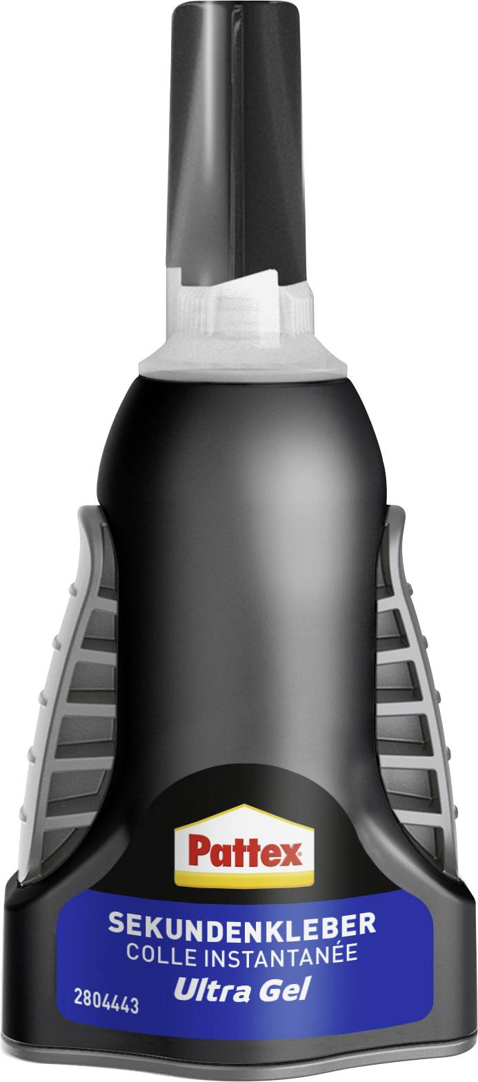 Une bouteille noire et grise de Pattex 'Sekundenkleber Ultra Gel', avec un texte d'étiquette bleu en allemand et en français, indiquant une colle instantanée.