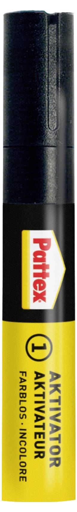 Un flacon noir et jaune de spray activateur Pattex, portant l'étiquette « FAIBLE ODEUR, FARBOLOS, INCOLORE ».