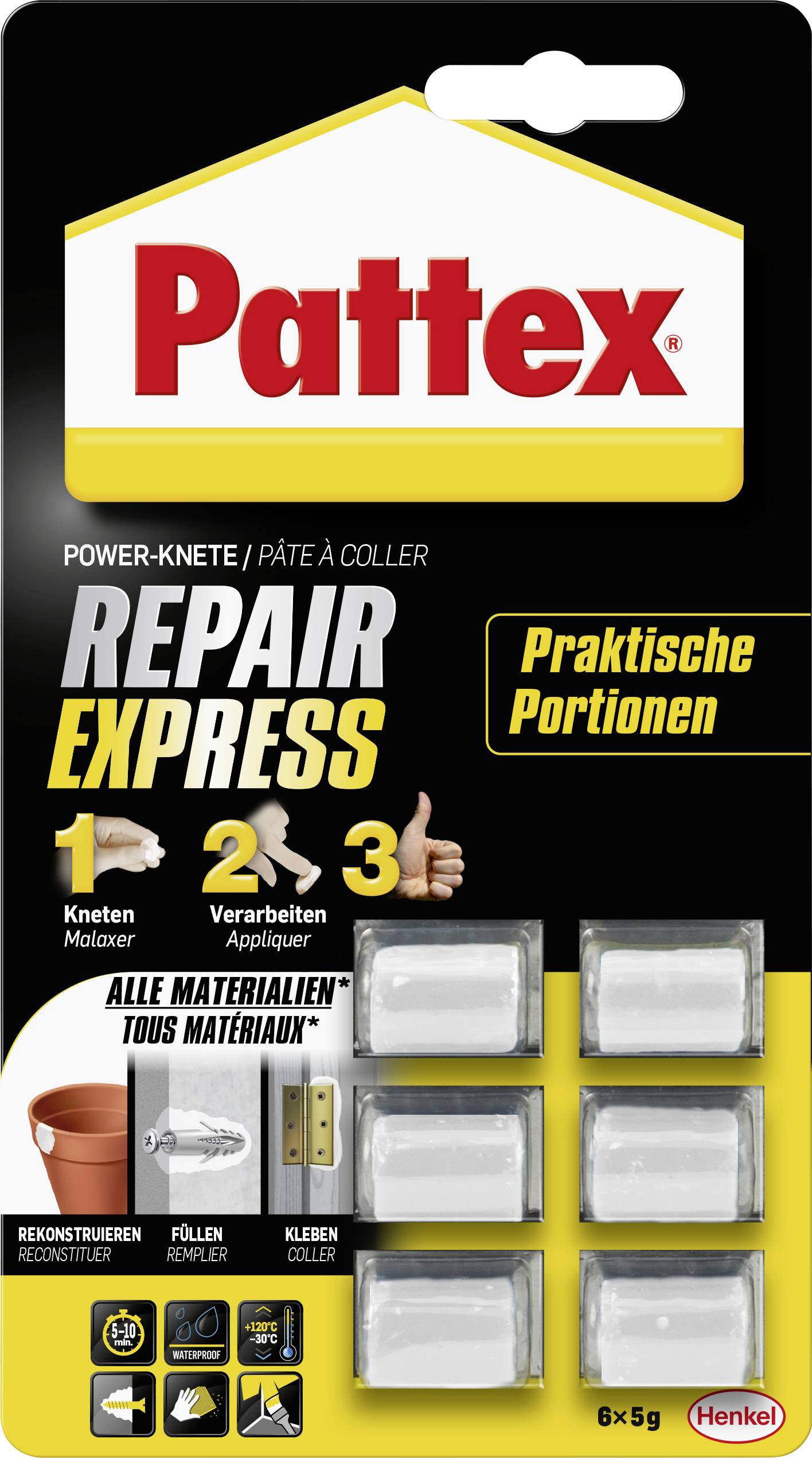 Emballage pour Pattex Repair Express, comprenant 6 petites portions de pâte à modeler pour réparer divers matériaux. Instructions : Pétrir, Appliquer, Finir.