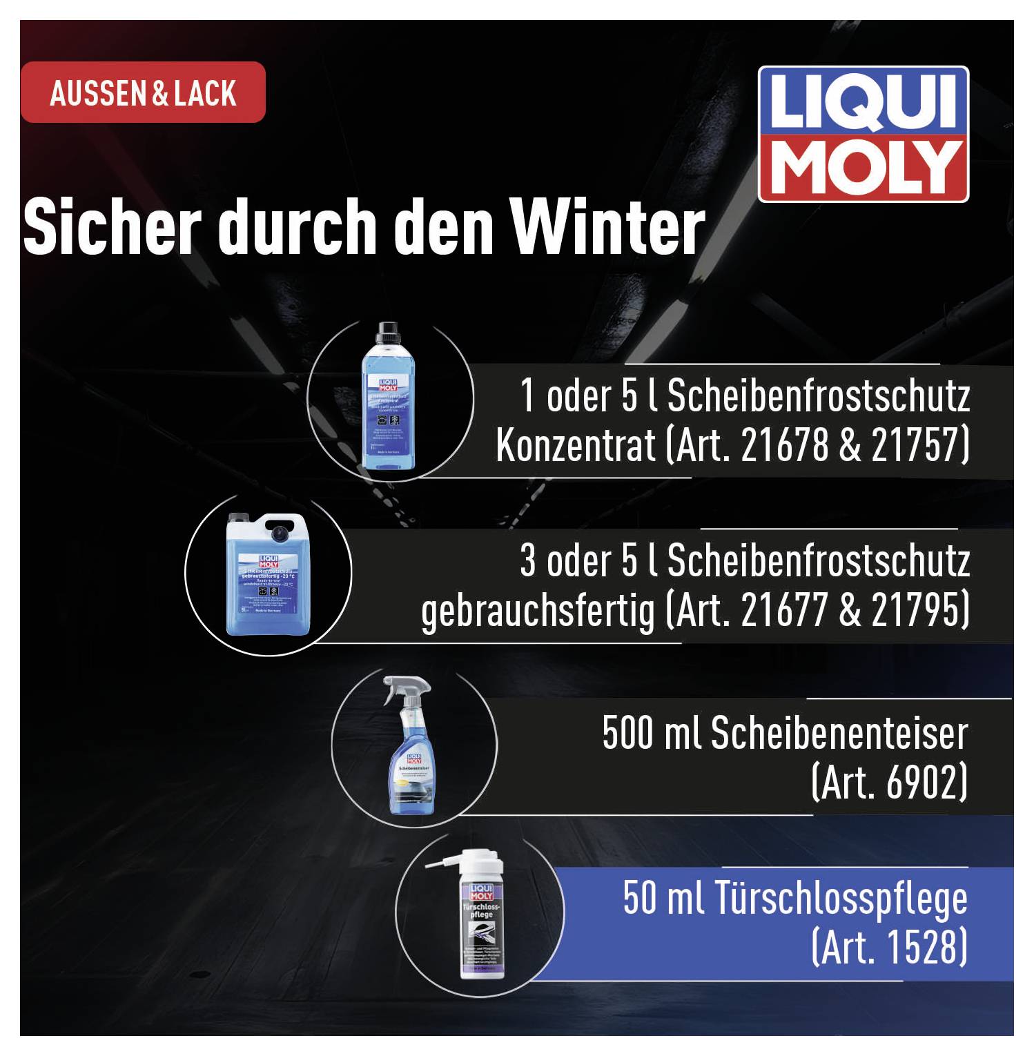 « Sûr à travers l'hiver » avec Liqui Moly : L'antigel et le spray d'entretien pour serrures sont recommandés pour des vitres de voiture sans glace et des serrures qui fonctionnent.