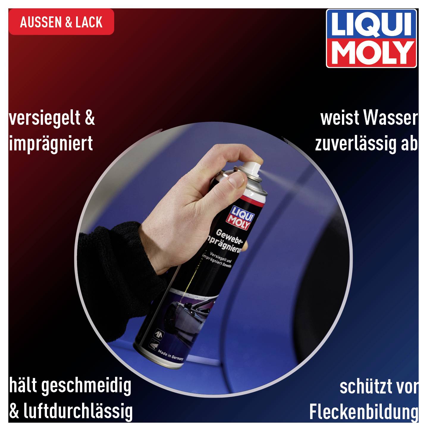 Produit 'Liqui Moly', main tenant une bombe aérosol avec le texte : scelle, imperméabilise, repousse l'eau, maintient souple, protège des taches.