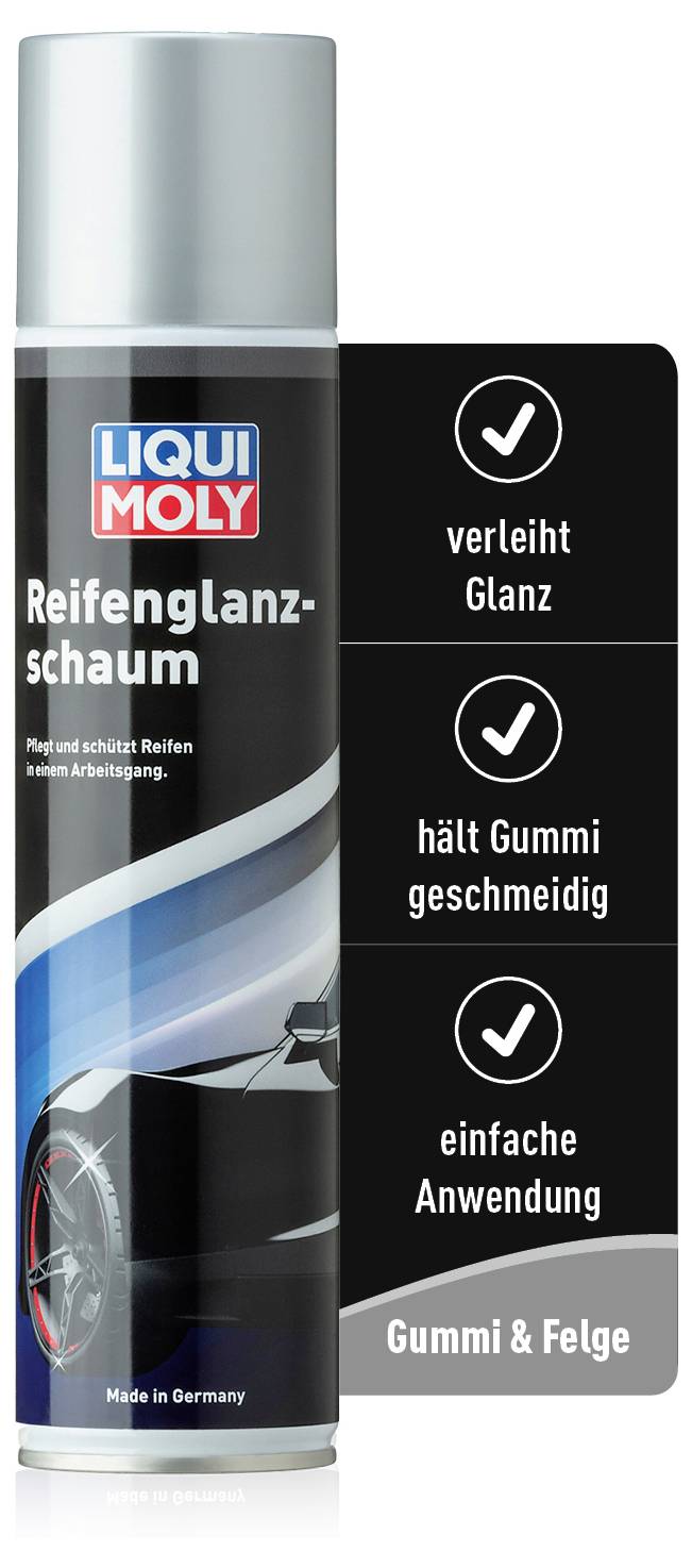 'LIQUI MOLY Mousse Brillante pour Pneus' en bombe aérosol. Texte : 'apporte de l'éclat', 'garde le caoutchouc souple', 'application facile'. Convient pour le caoutchouc et les jantes.