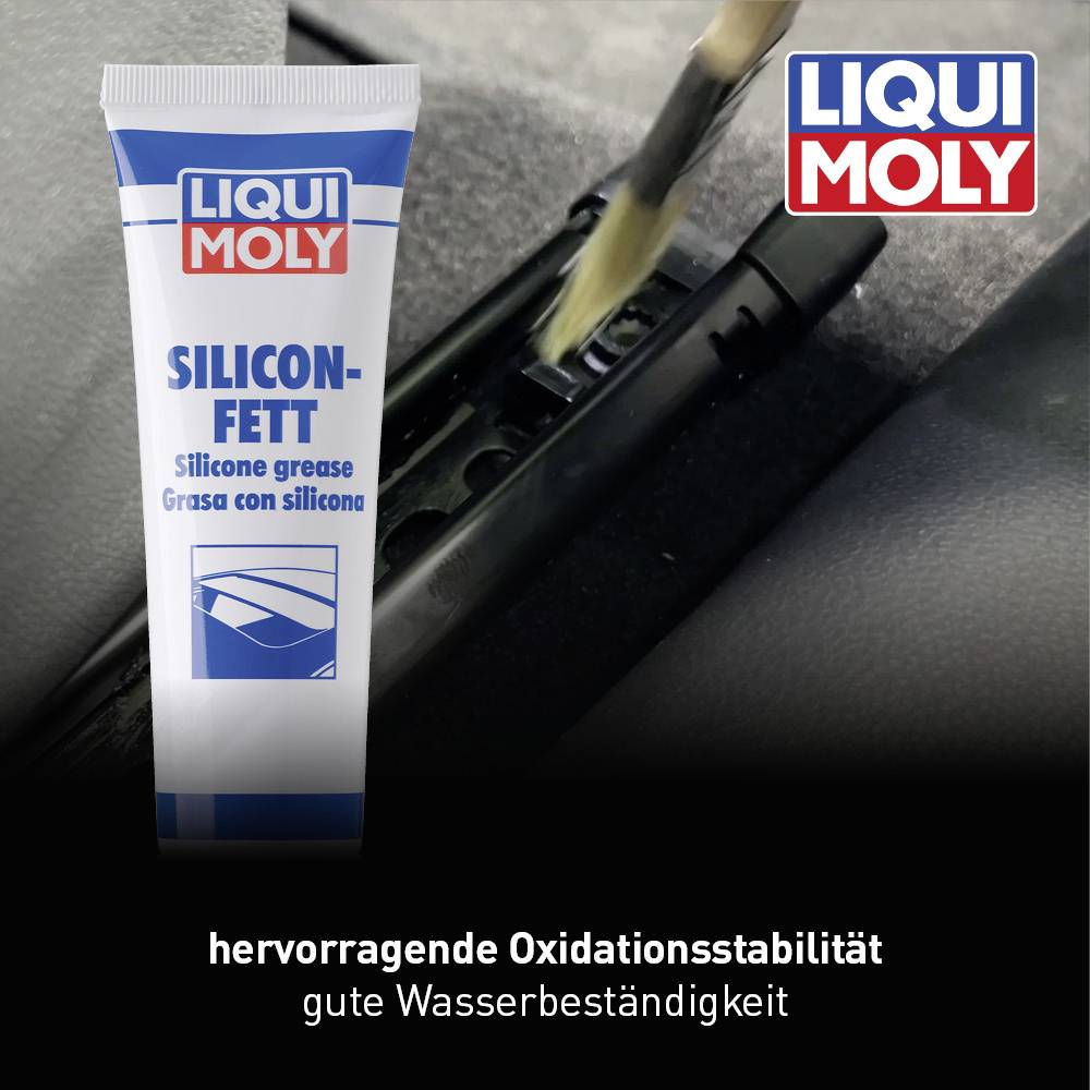 L'illustration montre l'utilisation de la graisse silicone Liqui Moly pour lubrifier les joints de portes de voiture. Le texte souligne la résistance à l'eau et à l'oxydation.