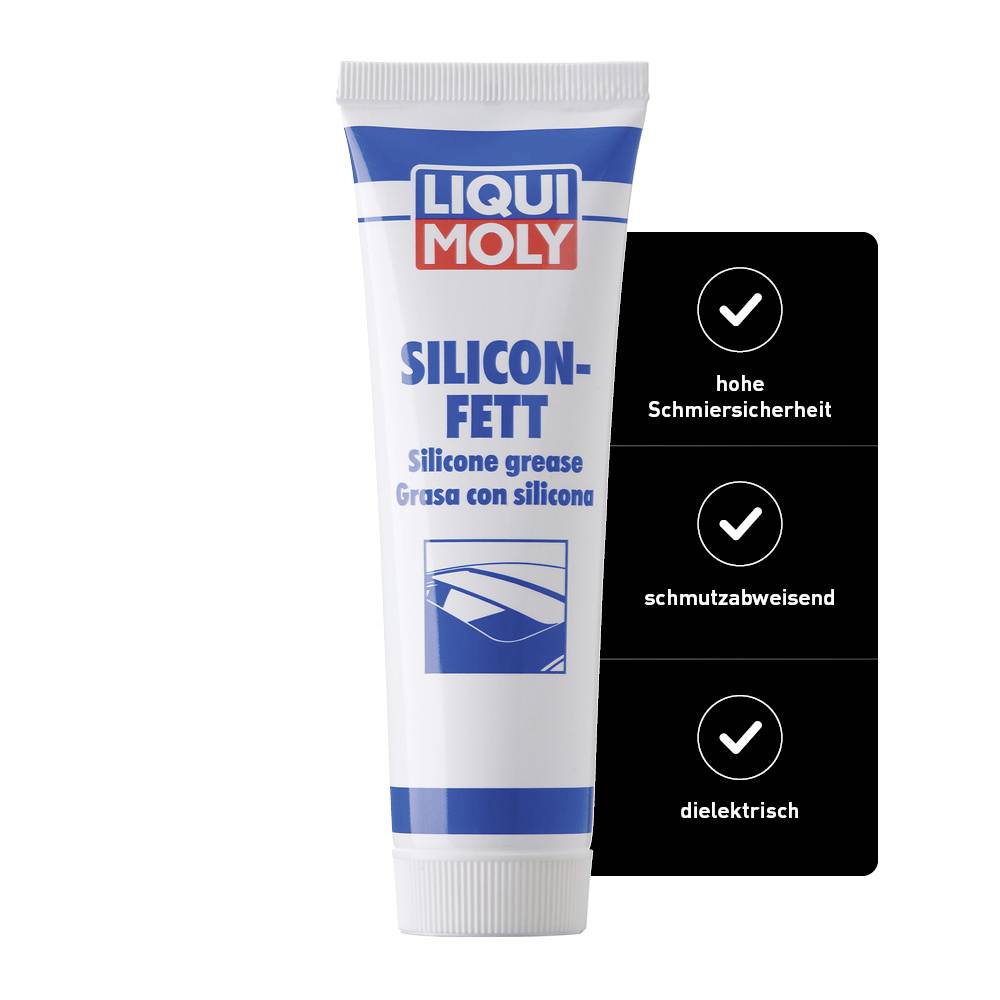 'LIQUI MOLY Graisse au Silicone' en tube, caractéristiques : haute capacité de lubrification, répulsif à la saleté, isolant électrique.