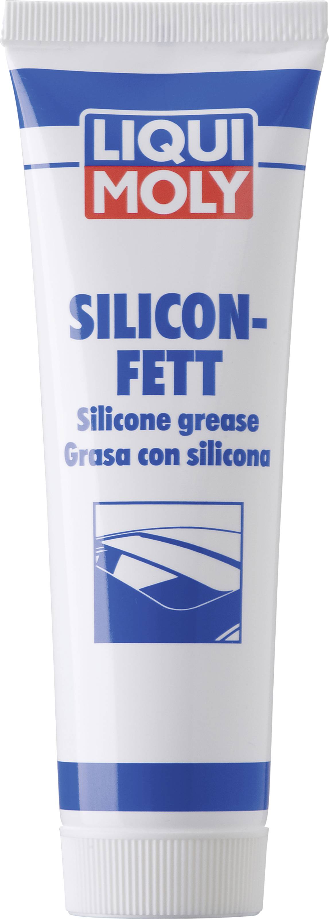 Tube étiqueté « Liqui Moly Silicone Grease » en texte bleu et rouge, utilisé pour la lubrification dans diverses applications.