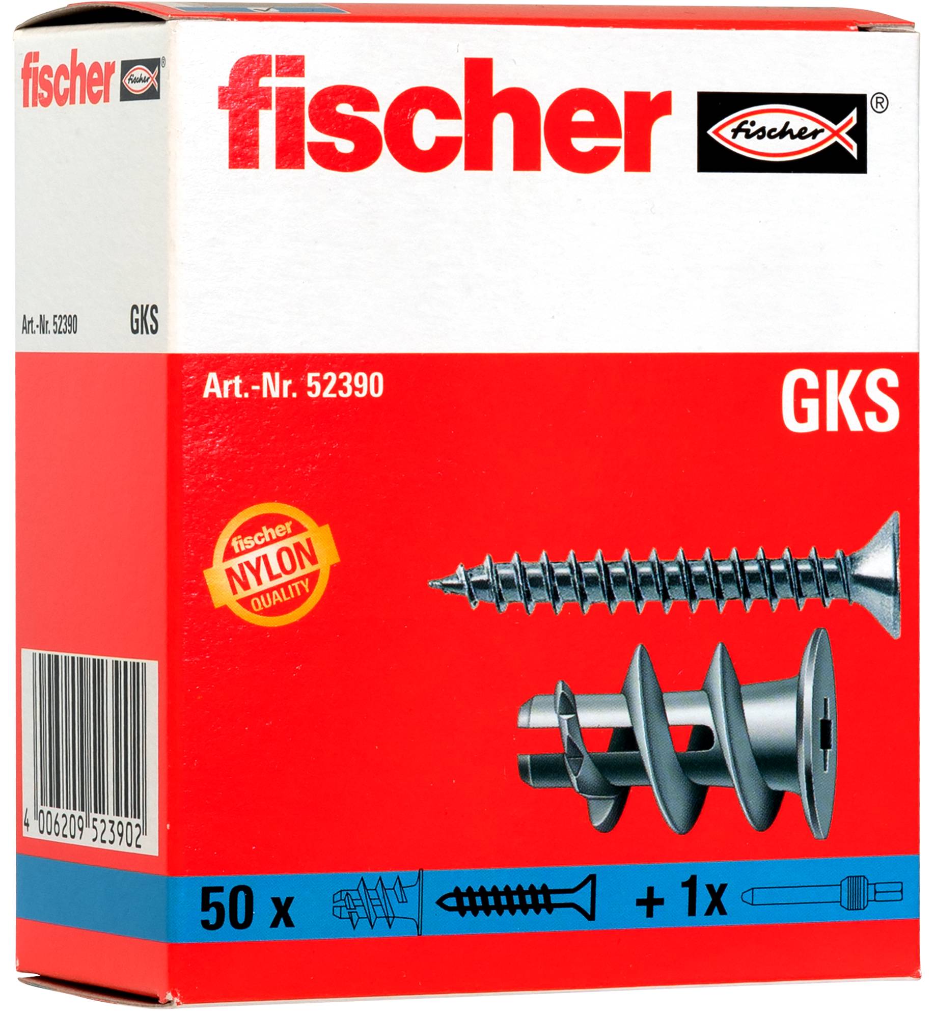 Emballage de cheville murale Fischer GKS, montrant l'Art.-Nr. 52390, 50 chevilles plus 1 outil, avec images de la vis et de la cheville.