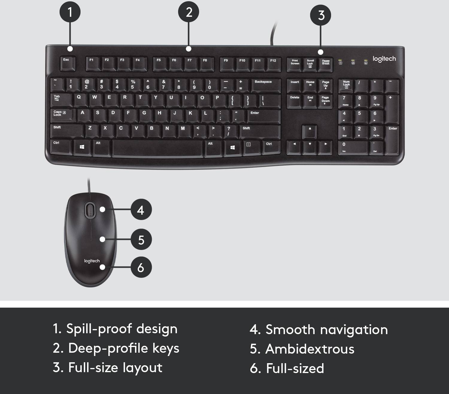 Clavier et souris Logitech noirs. Caractéristiques : résistant aux éclaboussures, profil de touches profond, navigation fluide, adapté aux droitiers et aux gauchers.
