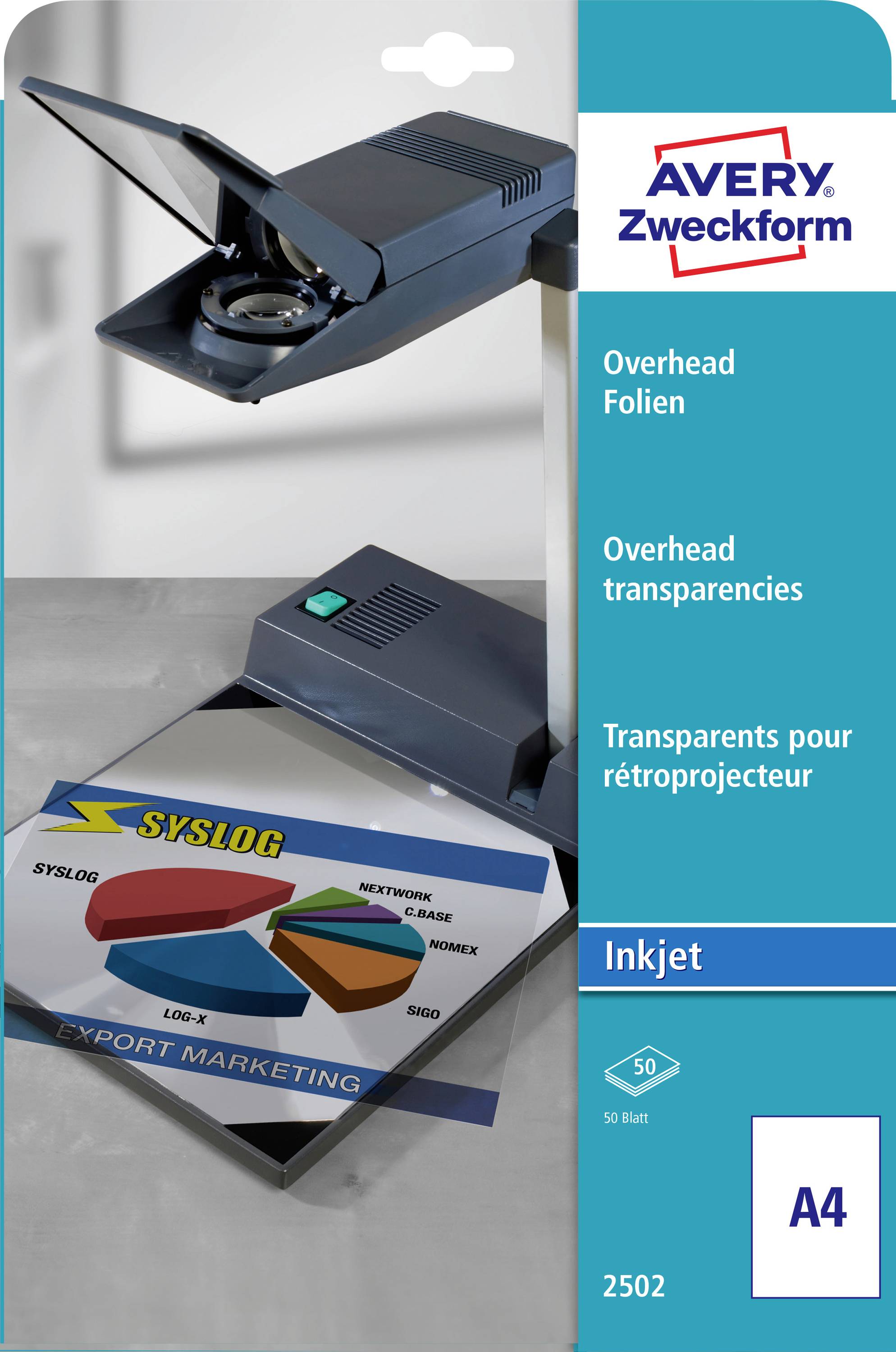 Emballage de transparents pour projecteur de rétroprojection Avery Zweckform A4 pour jet d'encre montrant un film transparent en utilisation avec un projecteur de rétroprojection et une feuille d'exemple imprimée.
