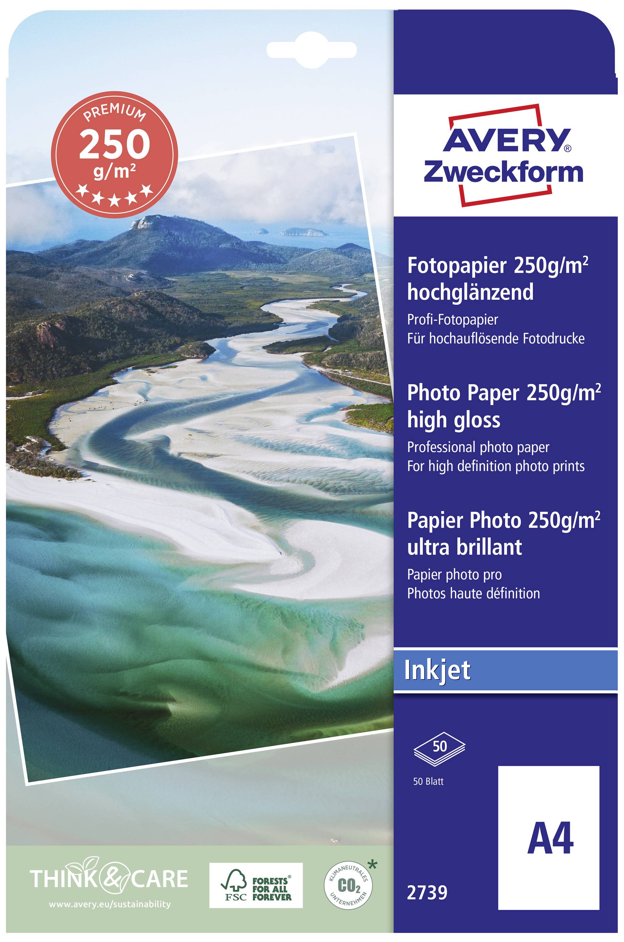 Emballage de papier photo brillant de la marque Avery Zweckform, 250 g/m², format A4, 50 feuilles, pour imprimantes jet d'encre.