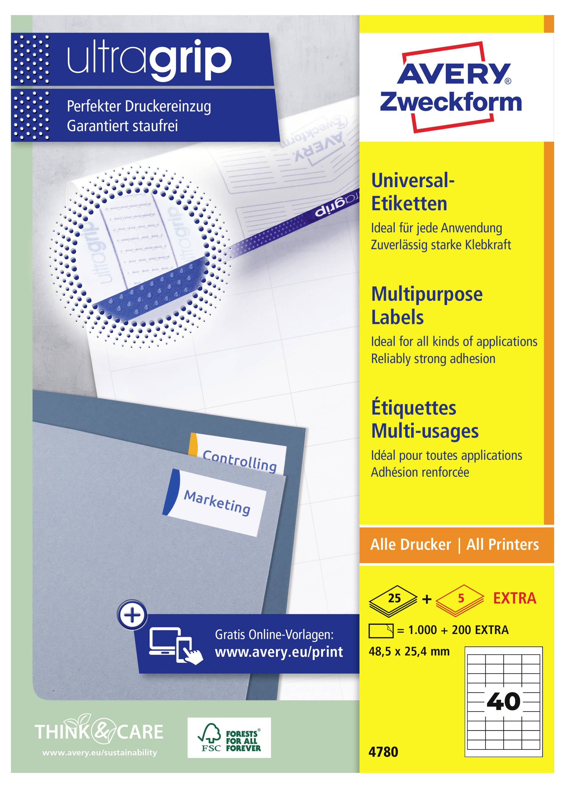 Emballage pour les étiquettes universelles « ultragrip » d'Avery Zweckform, présentant des étiquettes polyvalentes à forte adhésion pour toutes les imprimantes avec une taille d'étiquette de 48,5 x 25,4 mm et le numéro de produit 4780.