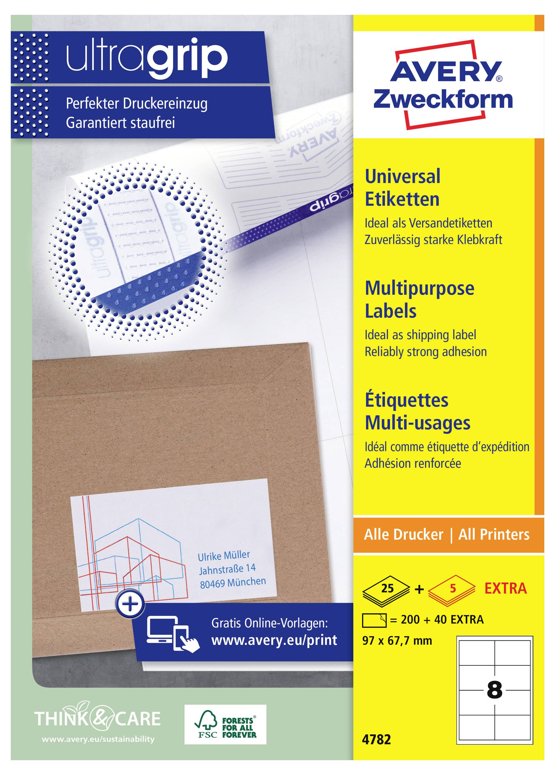 Étiquettes multiusages universelles Avery Zweckform « ultragrip » - publicité montrant une boîte d'expédition marron avec une étiquette, les avantages du produit et les détails de l'emballage pour tous les imprimantes.