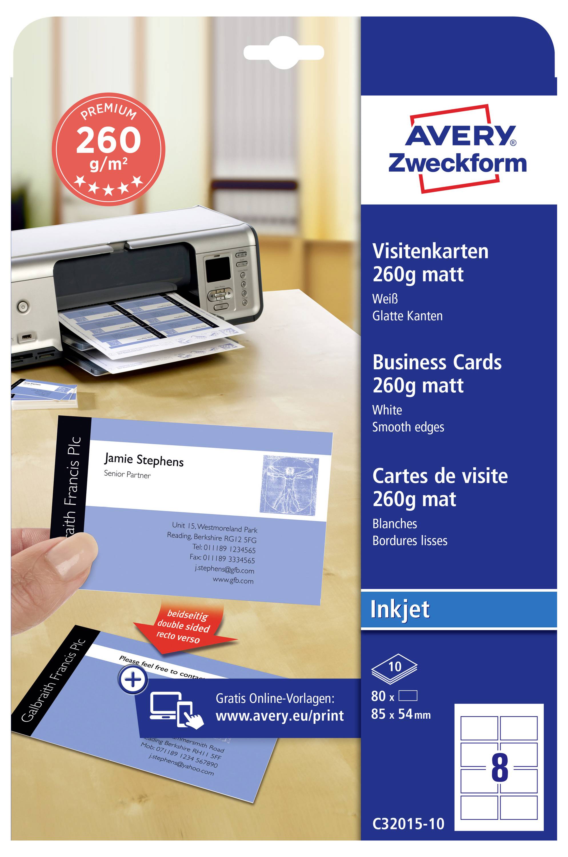 Cartes de visite mate Avery Zweckform 260 g/m² pour imprimantes à jet d'encre, affichant des exemples de cartes imprimées, 8 par feuille, 85 x 54 mm.