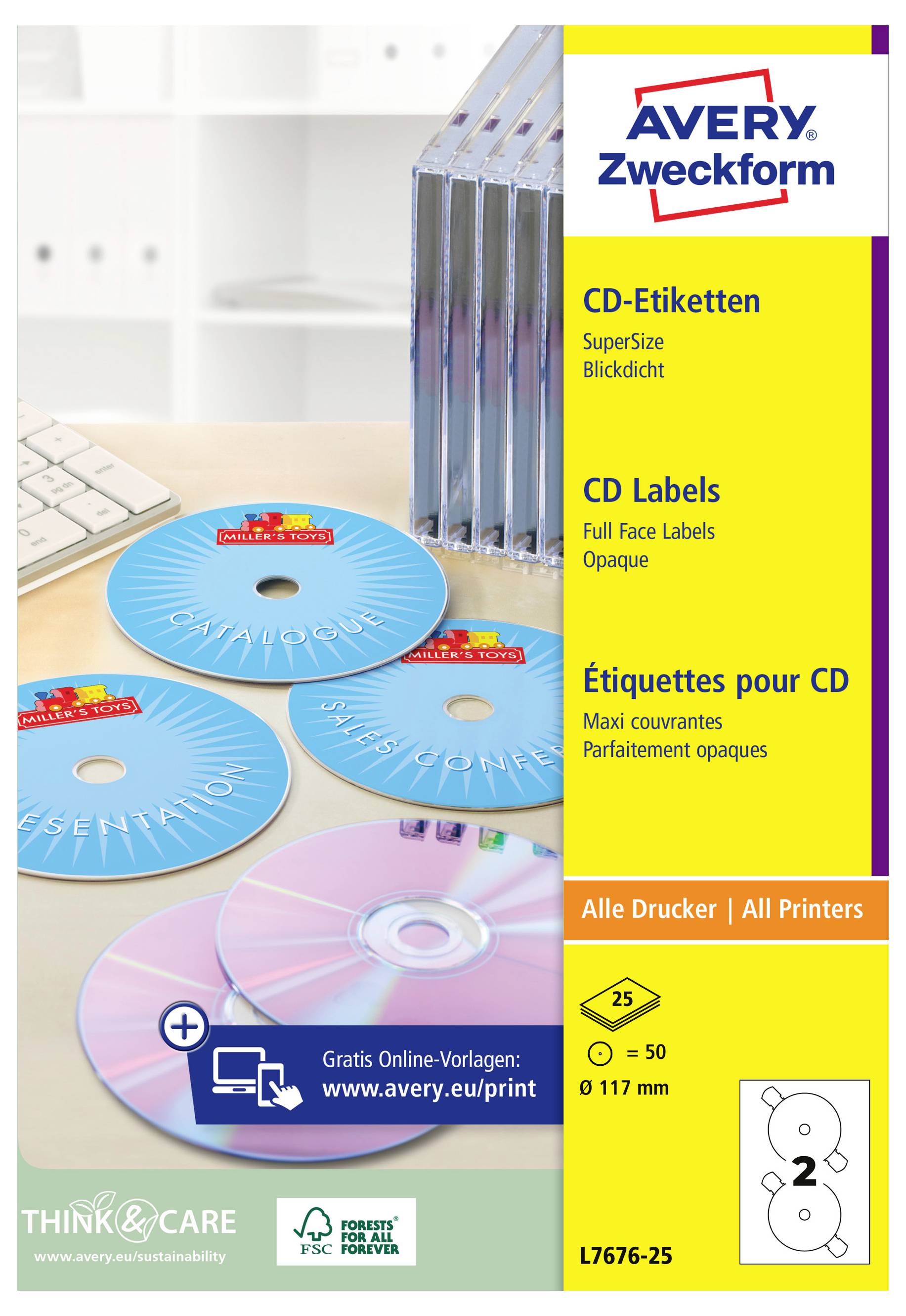 Paquet d'étiquettes pour CD Avery Zweckform montrant des étiquettes rondes pour CD bleues et roses, avec le texte « Étiquettes pour CD », « CD Labels », et « Étiquettes pour CD » pour toutes les imprimantes.