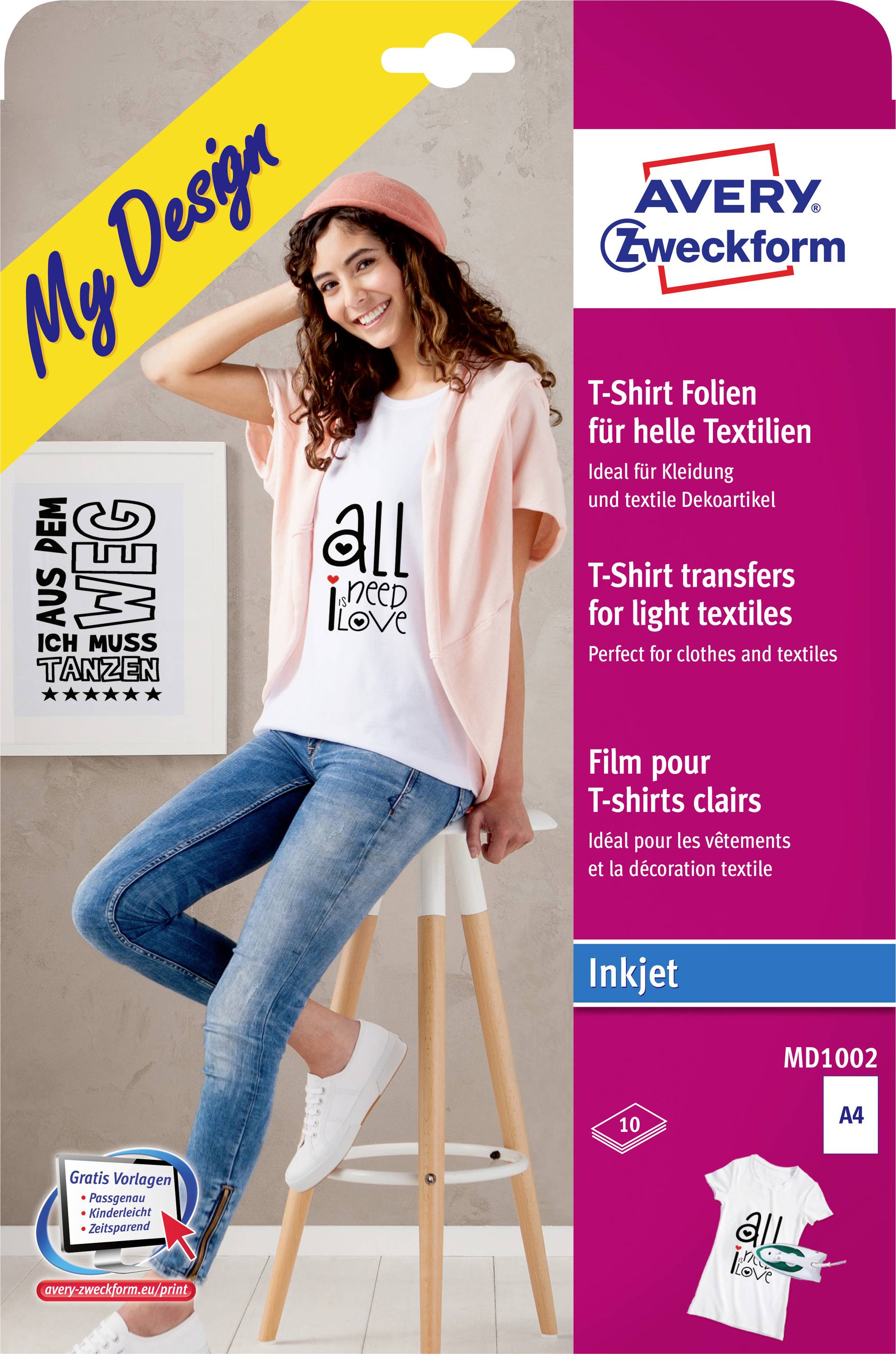 Paquet de papier de transfert pour T-shirt Avery Zweckform montrant une femme portant un T-shirt blanc personnalisé imprimé, avec des utilisations de produits pour les transferts de tissus à jet d'encre.