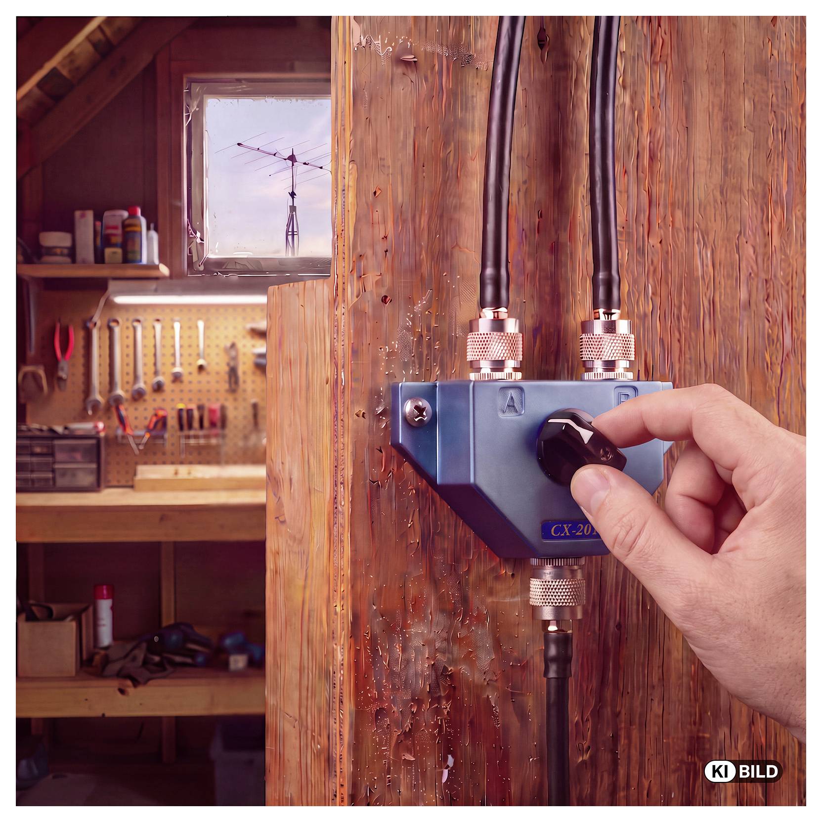 Une main tourne un bouton sur un appareil électronique bleu monté sur un poteau en bois dans un atelier.
