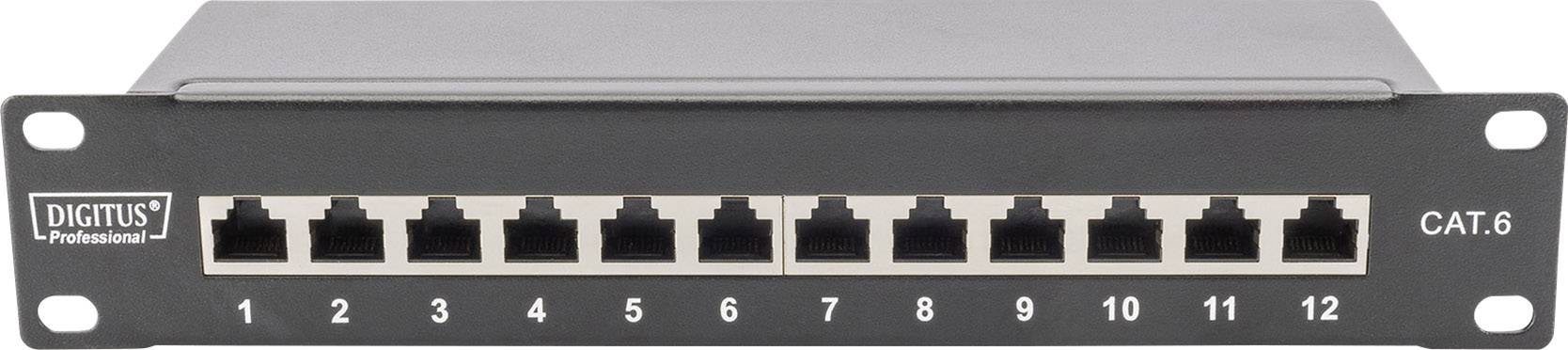 Panneau de brassage Ethernet avec 12 ports RJ-45 dans un boîtier métallique, compatible avec les connexions de câbles Cat-6.