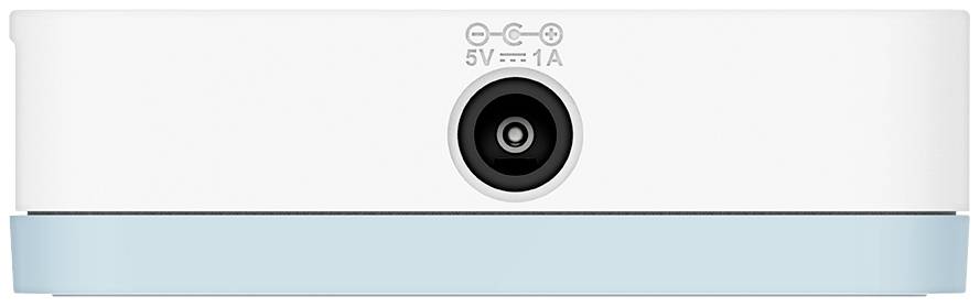 Vue arrière d'une base d'appareil électrique blanc avec un bord bleu, montrant une prise d'alimentation centrale avec une spécification de 5V-1A.
