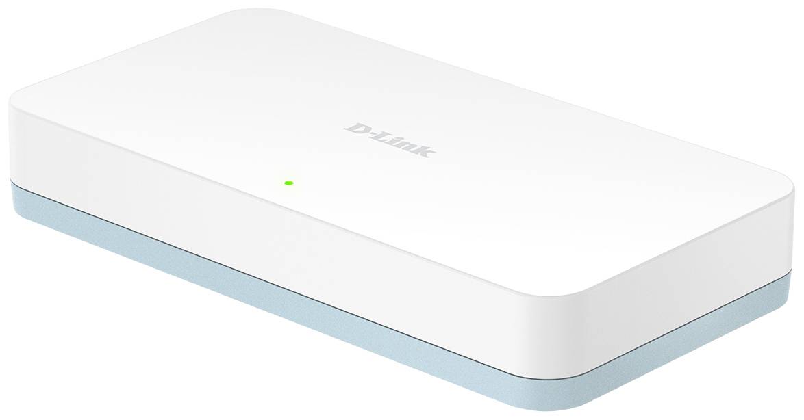 Un routeur blanc de D-Link avec un petit voyant vert sur le dessus indique qu'il est prêt à fonctionner.