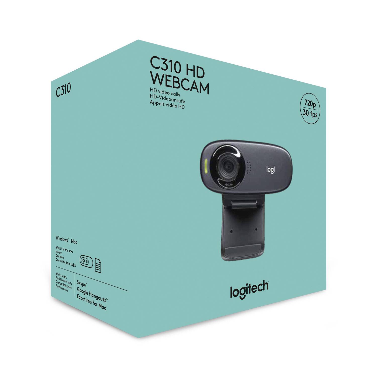 Webcam HD 1280 x 720 Pixel Logitech C310 pied de support, support à pince