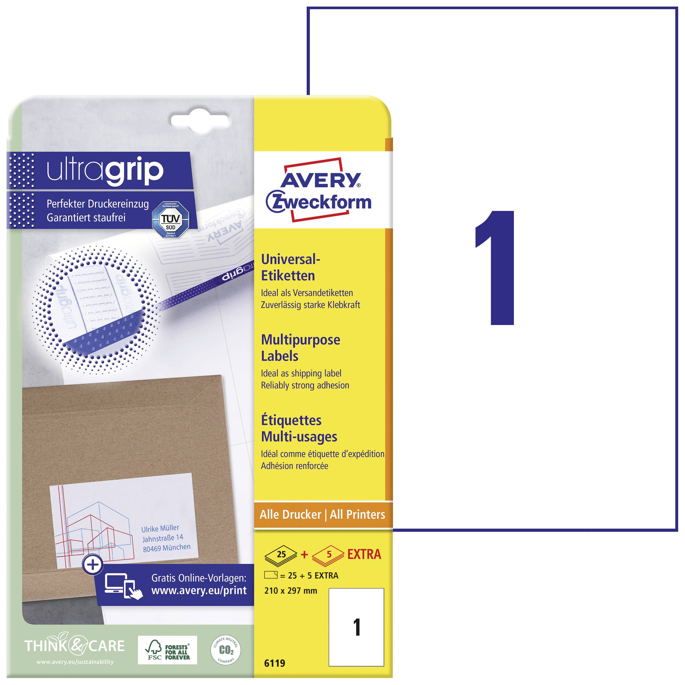 Étiquettes universelles Avery Zweckform, ultragrip. 1 feuille. 210 x 297 mm, modèles en ligne gratuits disponibles sur www.avery.eu/print.