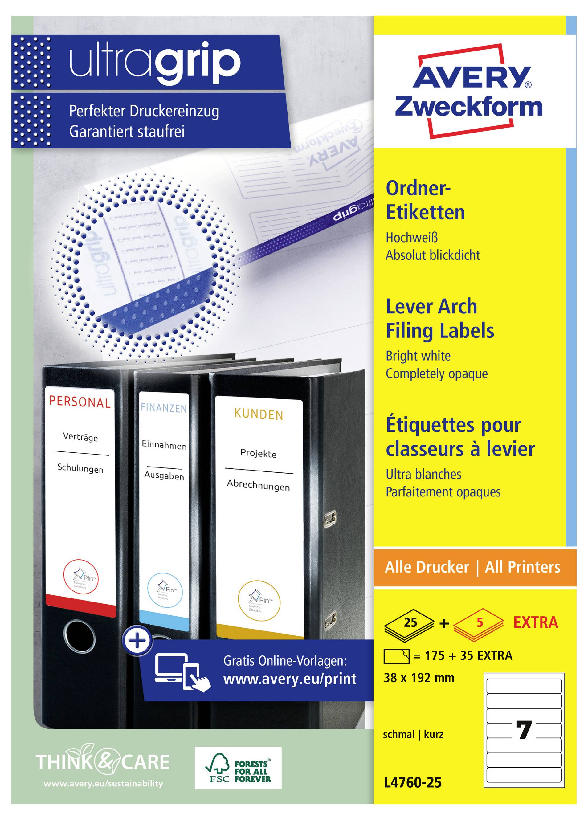 Étiquettes de classement Avery Zweckform ultragrip pour classeurs à levier, emballage montrant des étiquettes blanc brillant, entièrement opaques compatibles avec tous les imprimantes, avec trois classeurs étiquetés et détails du produit.