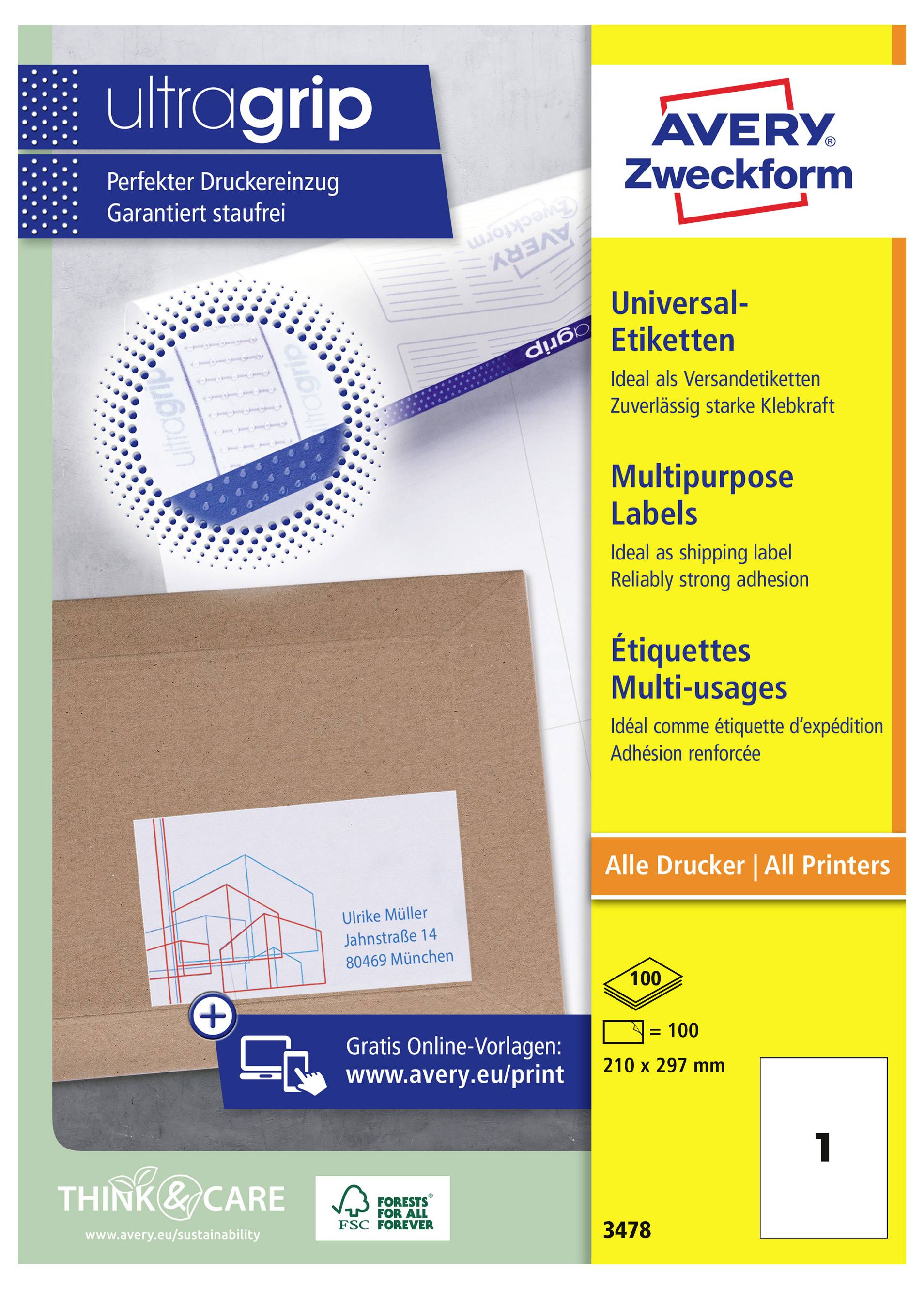 Paquet d'étiquettes d'expédition universelles Avery Zweckform avec 100 étiquettes polyvalentes, entraînement papier « ultragrip », pour toutes les imprimantes, 210 x 297 mm.